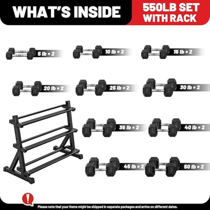 PAPABABE Hex Dumbbell Set with Rack, Rubber Encased Free Weight with Weight Storage Racks, Multiple Weight Options for Home Gym and Fitness - style: 550LB with 3-Tier Weight Rack