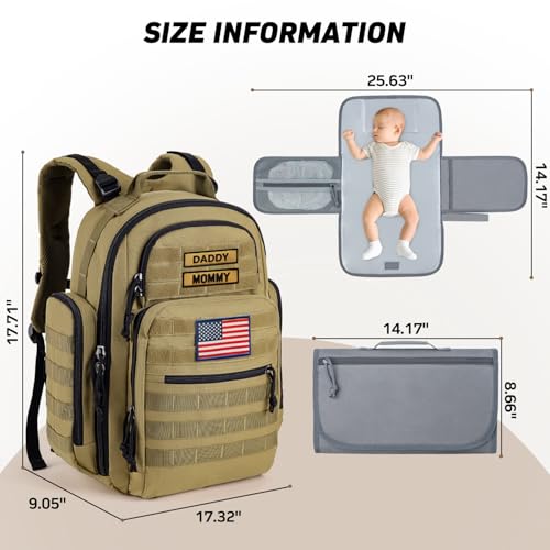 SHARKMOUTH Baby Diaper Bag for Men - Large Military Daddy Gear Backpack with Changing Pad for Travel Camping Hiking - Army Style for Active Dad Tan - color: Tan W/ Changing Pad