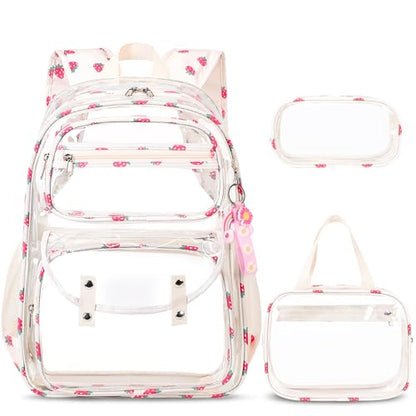 ACESAK Clear Backpack for Girls - 3 Pcs Clear Backpack Heavy Duty with Lunch Bag - See Through Bookbag Stadium Approved for Kids Middle High College School(Beige) - color: Beige