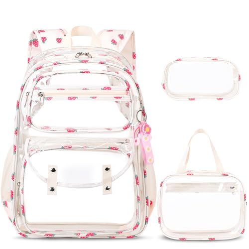 ACESAK Clear Backpack for Girls - 3 Pcs Clear Backpack Heavy Duty with Lunch Bag - See Through Bookbag Stadium Approved for Kids Middle High College School(Beige) - color: Beige