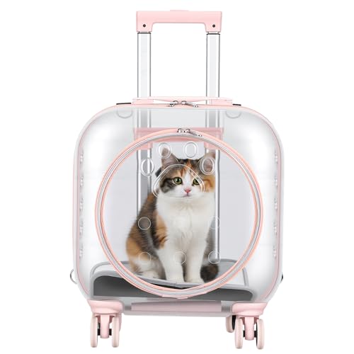 Cat Carrier Backpack with Silent Wheels, Clear Cat Stroller with Ventilation Holes, Telescopic Handle, Convenient Portable Cats Dogs Backpack for Travel (Light Pink-B) - color: Light Pink-B