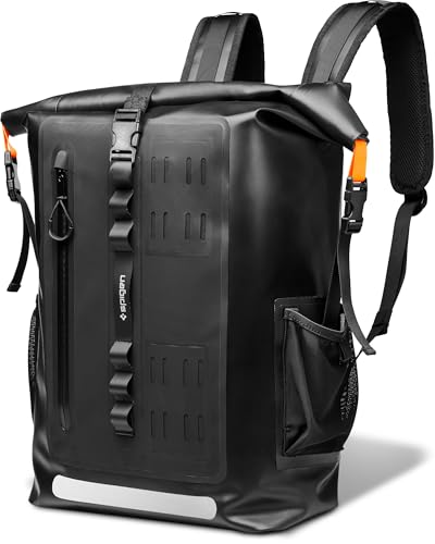 Spigen for Waterproof Backpack IPX6, 35L Roll Top Travel Rucksack Fits up to 16 Inch Laptop, Multi-Compartment Bag Ventilated Back, Chest Strap Hiking, Camping, Swimming, Canoeing, Fishing - color: Black (A650 35L)