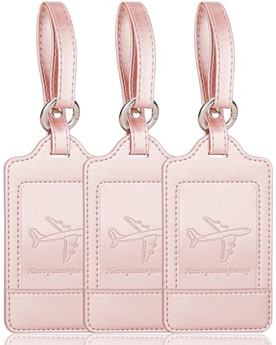 3 Pack Luggage Tags - Quick Install, Privacy Protection, Airplane Travel Essentials for Suitcases, Durable Leather - Rose Gold - color: Rose Gold