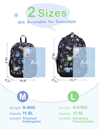 VASCHY Kids Backpacks, 12L Toddler & 17.5L School Backpacks, Lightweight Water-Resistant for Boys and Girls Ages 3-12 - color: Black & White Racer-l, size: Large