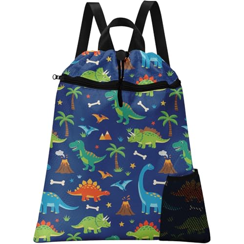 Blue Dinosaur World Drawstring Backpack, 15” x 17” Waterproof Swim Bag for Beach Swimming Pool, Lightweight Foldable Gym Bag with Water Bottle Holder for Sports Travel - color: Dark Blue Dinosaur
