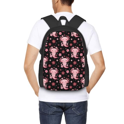 Eco Polyester Backpack Cherry Flower Blossom Cute Axolotl, Ergonomic Straps, Fits Tablet, for Work or Hiking - color: Design (407)