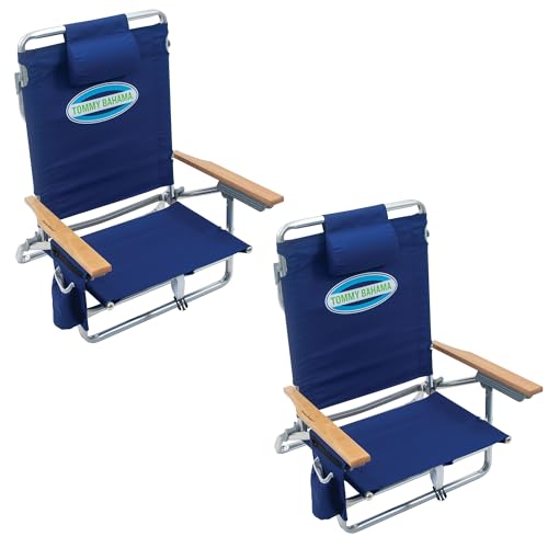 Tommy Bahama 2-Pack 5-Position Classic Lay Flat Backpack Beach Chair with Cooler and Cup Holder, Portable Folding Beach Chair for Tanning, Navy - color: Navy, size: 2-Pack
