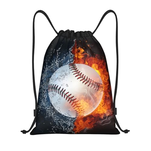 Kids Baseball Drawstring Bags Boys Girls, Cool Sports Drawstring Backpack with Fire and Water Pattern Printed, Black Casual Knapsack Bags for Teens Adults for Gym Travel Swimming Beach Camping, Medium - color: Baseball, size: M - 16.5"x19.6"