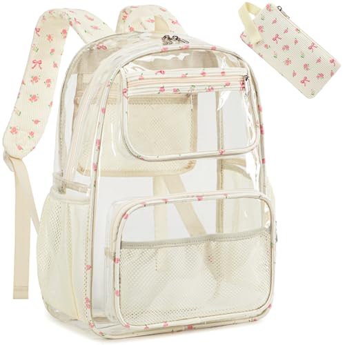 Bluboon Clear Backpack Heavy Duty Kids Boys Clear Bookbag See Through Backpacks with Pencil Case for College Work - color: Pink Bow 212-beige