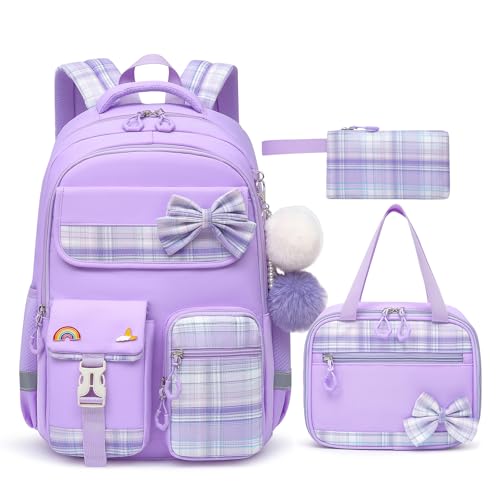 Alrisg Girls School Backpack Preppy Plaid Bookbag Lightweight Backpack for Girls Elementary Middle School Bow Purple Set - color: Purple, size: 17in Set