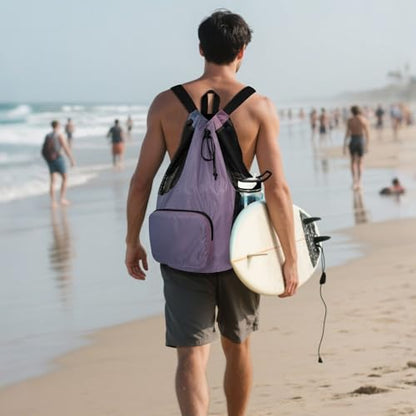 Drawstring Backpack Sports Bag With Water Bottle Pocket Cinch Back Sack Waterproof Blue Pink Gradient