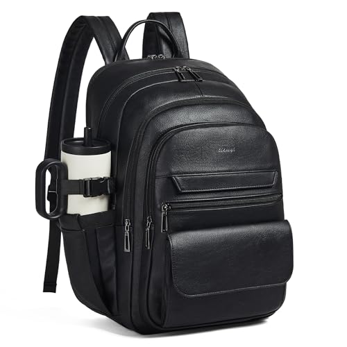 Vegan Leather Backpack, TSA Travel Backpack for Men and Women, Fits 17.0 Inch Notebook with Luggage Strap and USB Port, Black - color: Black