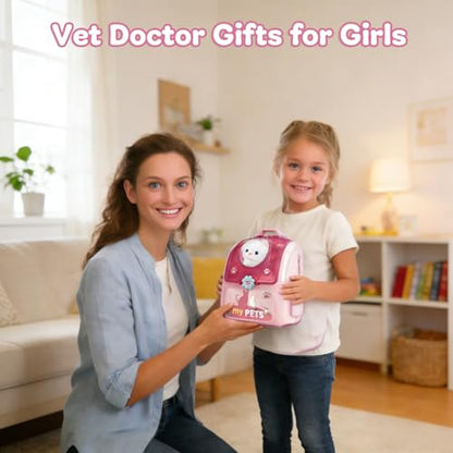 Pet Cat Carrier Backpack Toy, MAGIC4U 23PCS Pet Care Play Set,Vet Clinic and Doctor Kit for Kids, Veterinarian Pretend Play Set for Girls Ages 3-6 Pink - style: Pink
