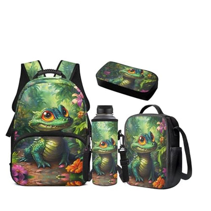 JEOCODY Bearded Dragon Lizard Backpack for Kids School Bag with Lunch Bag Pencil Case and Water Bottle Holder Set of 4 Boys Girls School Daypack Travel Bag Satchel Bagpack - color: Bearded Dragon Lizard