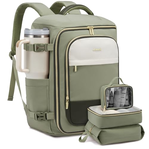 LOVEVOOK Travel Backpack for Women/Men, Personal Item Bag with 3 Packing Cubes Fits 17" Laptop, 50L Travel Backpack Carry on Flight Approved, Water-resistant Carry On Bag for Airplanes - color: Pea Green, size: 50L-4PCS