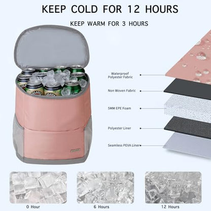 Insulated Cooler Backpack Outdoor - Leak Proof Backpack Cooler 30 Cans, Waterproof Lightweight Cooler Bag for 12h Hot/Cold Retention - Soft Cooler for Travel, Camping, Beach, Lunch - color: Light-Pink