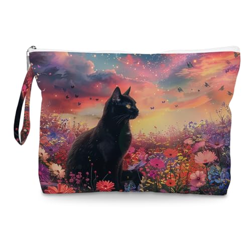 Fokongna Black Cat Print Wet Bag, Small Portable Waterproof Multi-Functional Organizer for Women, Sunset Galaxy Floral Black Cat, Ideal for Daily, Beach & Travel - color: Sunset Galaxy Floral Black Cat
