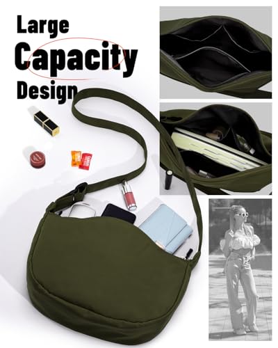 Crossbody Crescent Bag for Women Men Trendy, Crescent Sling Bag with Adjustable Strap, 2 Zippers Lightweight - color: Olive Green