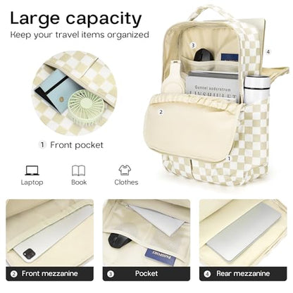 Checkered Backpack for Women Fashion Backpacks with Laptop and Multi Compartment for Travel and Work Beige Check - color: Beige Check
