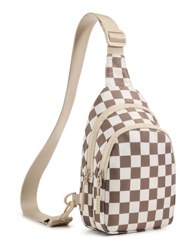 Checkered Sling Bag for Women Small Backpack Crossbody Chest Bag Fanny Packs Purses - color: Checkered Sling Bag - Khaki Beige