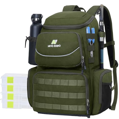 N NEVO RHINO Fishing Tackle Backpack with Rod Holders, 40L Large Fishing Bag with Waterproof Rain Cover,Outdoor Tackle Bag - color: Army Green Pack with 4 Trays, size: Pack with 4 Trays