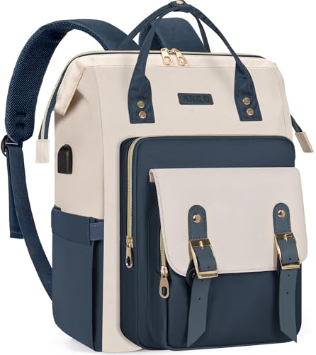 ANILD Travel Laptop Backpack for Women Bag, 15.6 Inch Work Backpack with USB Charging and Port Luggage Strap, Airline Approved Business Work Bag for Nurse College Teacher - color: Beige-blue