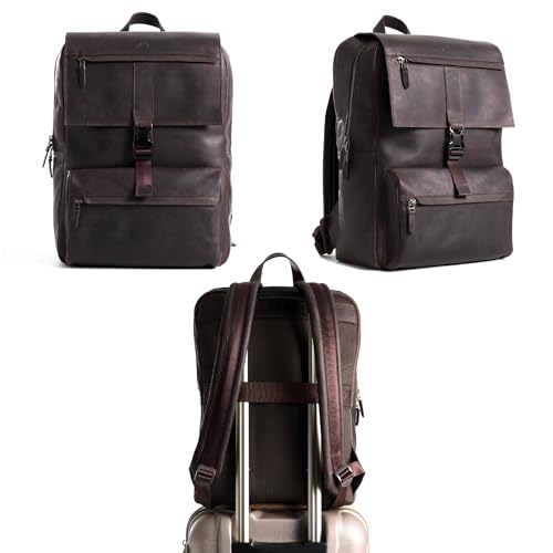 Leather Backpack for Men & Women, Classic Dark Brown - Handcrafted Top Grain Leather Backpack with 17 Inch Laptop Sleeve - Lightweight, Stylish & Durable for Business & Travel - 33cm x 16cm x 40cm - color: Dark Brown