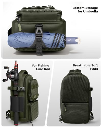 MATEIN Fishing Sling Bag with Lure Rod Holder & Phone Pouch, Waterproof 3600 Tackle Box Backpack with Removable Bait Binder - color: Olive Green
