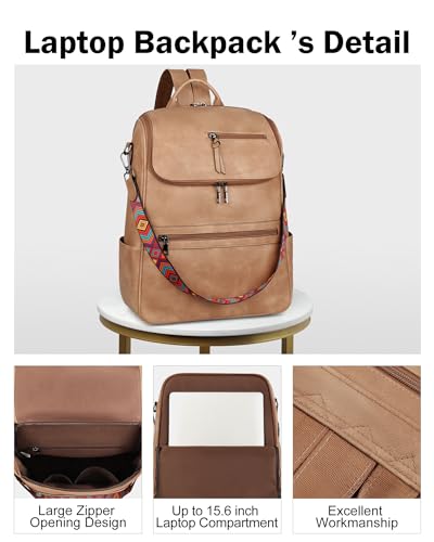 FADEON Laptop Backpack for Women Leather Travel Backpack with Laptop Compartment, Designer Ladies Computer Backpacks Camel - color: Camel Brown Retro Style