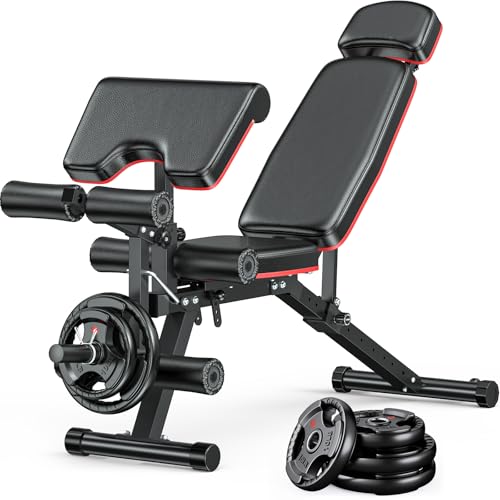 XDDIAS Workout Bench, Adjustable Weight Bench with Leg Extension and Leg Curl, Extended Headrest, 900LBS Preacher Curl Bench Incline Decline Flat Workout Bench for Home Gym Full Body Exercise - color: Glossy+70LBS Plates