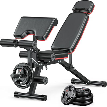 XDDIAS Workout Bench, Adjustable Weight Bench with Leg Extension and Leg Curl, Extended Headrest, 900LBS Preacher Curl Bench Incline Decline Flat Workout Bench for Home Gym Full Body Exercise - color: Glossy+70LBS Plates