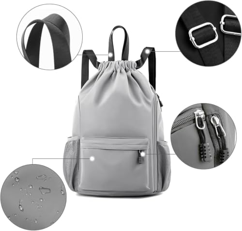 Valleycomfy Waterproof Drawstring Gym Backpack Bag for Men & Women,Sports Gym Bag with Side Pocket Grey - color: A-grey