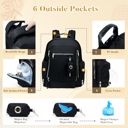 miss fong Diaper Backpack - Mommy & Dad Diaper Bag with Dispenser, 16 Pockets, Large Capacity, Travel & Baby Shower Gifts - Dark Black - color: Dark