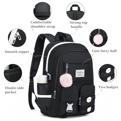 YAMTION School Backpack for Teen Girls,15.6in Laptop Backpack Kids Bookbag for Middle School College Students,Cute School Bag for Women,Black - color: Black