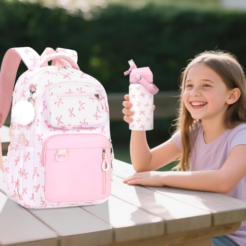 Bevalsa Backpack for Girls, Bow School Bookbag Teen Girls Backpack Set with 14oz Insulated Water Bottle Stainless Steel, Lunch Bag & Pencial Case for Kids Elementary Middle Student (Pink Bow) - color: Pink Bow