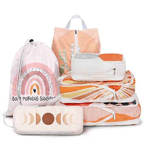 6 Pcs Compression Packing Cubes for Travel, Waterproof Luggage Organizer Washable Storage Bags Set - Packaging Cubes for Backpack Travel and Carry-Ons - color: light orange, size: 6 Set