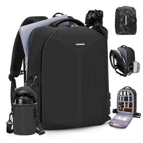 RAINSMORE Camera Backpack Hard Shell for DSLR/SLR Waterproof Camera Bag with Laptop Compartment 15.6 Inch Professional Camera Case with Rain Cover Photography Backpack Bag with Camera Lens Case Black - color: Black
