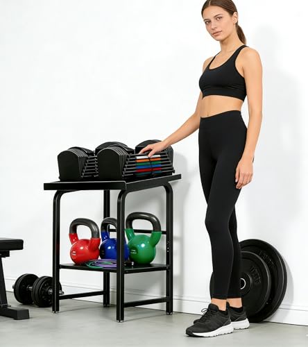 Adjustable Dumbbell Rack Weight Stand, 500LBS Heavy Duty Solid 2-Tier Kettlebell Storage Organizer, Full Rubber Anti-Slip Mat Space Saving Gym Rack for Home Garage (Rack Only, No Dumbbells)