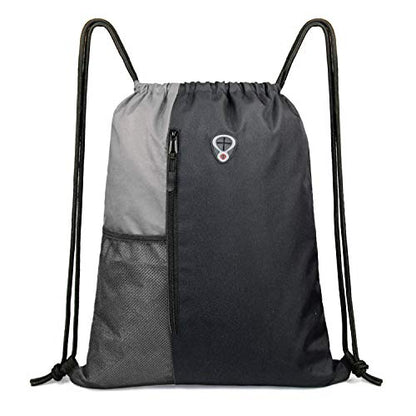 BeeGreem Grey Sport Bag Drawstring Backpack String Bag For Men Women Gym Backpack With Water Bottle Mesh Pockets And Two Zipper Pockets 16" x 20" - color: Black/Grey, style: Drawstring With Mesh Pocket