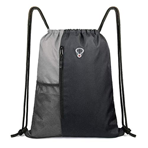 BeeGreem Grey Sport Bag Drawstring Backpack String Bag For Men Women Gym Backpack With Water Bottle Mesh Pockets And Two Zipper Pockets 16" x 20" - color: Black/Grey, style: Drawstring With Mesh Pocket