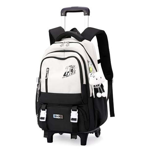 Rolling Backpack for Girls Boys Elementary Middle School Bags, Kids Roller Boys Girls Backpack with 2 Wheels, Black+light beige - color: 2 Wheels-01-black+light Beige, style: 2 Wheels