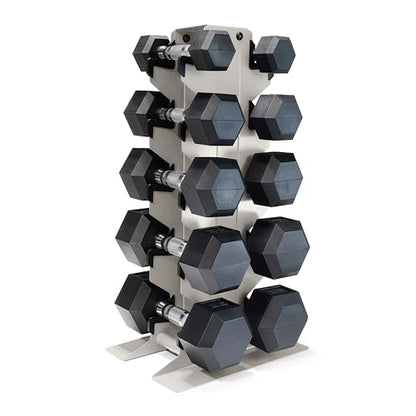 CAP Dumbbell Set with Rack, Rubber Coated Hex Free Weight Set | 100–300 lb Options, Vertical Space-Saving Storage for Home Gym Strength Training - size: 150 lb Set - Light Gray Rack, style: Chrome Handle