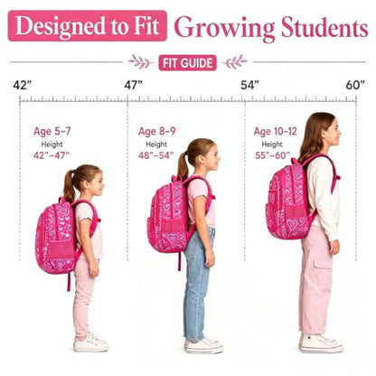 MYGOO Girls School Backpack Vineyard Heart Pink Bookbag for Elementary Middle School Ages 5-12, 17 inch Large Capacity 24L Kids Student Travel Bags - color: Vineyard Heart Pink