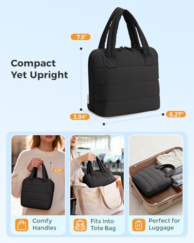 Wandering Nature Standing Makeup Bag for Travel, Portable Fold-down Cosmetic Organizer, Puffer Open Make Up Pouch with Handle & Divider & Brush Holder, Easy Clean Toiletry Bag with EVA Lining - color: A2: Black