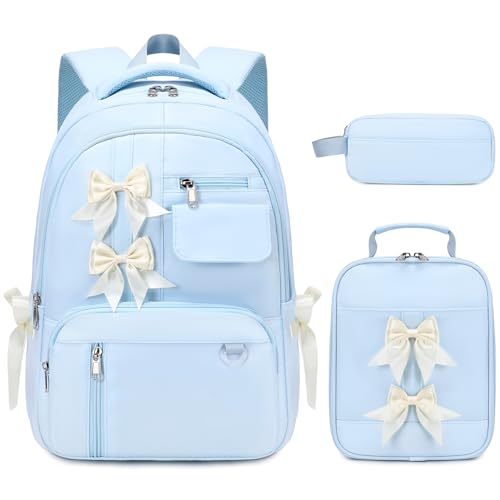 Bevalsa Backpack for Girls, Bow School Backpack for Kids with Lunch Bag & Pen Case, Cute Bookbag for Teens Girls Children for Elementary Middle High College Student, Back To School Gift (Blue) - color: Beige Blue