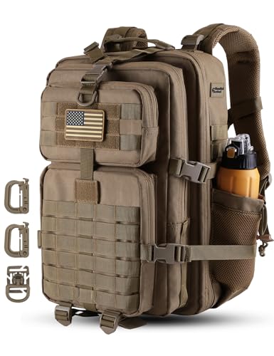 Hannibal Tactical 45L MOLLE Assault Backpack, Tactical Backpack Military Army Camping Rucksack with Bottle Holder, 3-Day Pack Trip w/USA Flag Patch, D-Rings, Khaki - color: Khaki, size: 45L