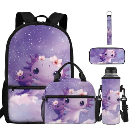 ZDCUSTOM Girls Backpacks with Lunch Box, Purple School Backpack for 1st Grade Kids Axolotl Bookbag with Pencil Case Water Bottle Holder Keychain, Back to School Gear for Girls Age 6-8 - color: Purple Axolotl