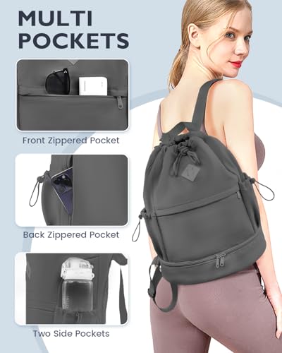 RHDZO Drawstring Backpack Sports Gym Bag with Shoe Compartment and Wet Pocket String Swim Bag for Women Men Beach Backpack, Dark Gray - color: Dark Gray