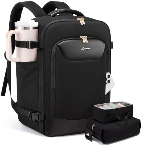 LOVEVOOK 50L Travel Backpack for Women Men, Large Carry on Backpack for Airplanes TSA Personal Item Travel Bag fits 17.3" Laptop, Waterproof Weekender Essentials Airline Approved with 2 Packing Cubes - color: Black, size: 50L-3Pcs