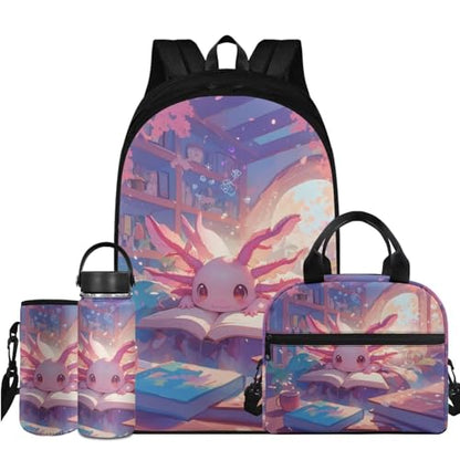 Flashideas Cherry Blossom Axolotl Backpack for Girls Kids Backpack with Lunch Box 32 oz Insulated Water Bottle and Water Bottle Holder 4Pcs Set 17" Cute Elementary Bookbag with Compartments for School - color: Cherry Blossom Axolotl-1
